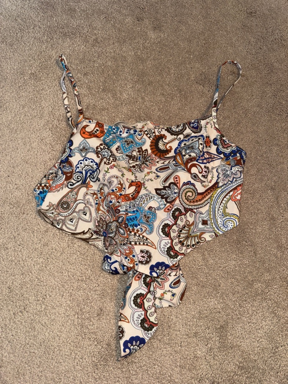 Womens Paisley Print Tie-Front Cami Top - Blue/Orange on Cream